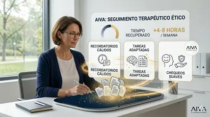 Psicóloga configurando seguimiento ético automatizado para pacientes en terapia – recordatorios cálidos y adherencia sin perder toque personal 2026