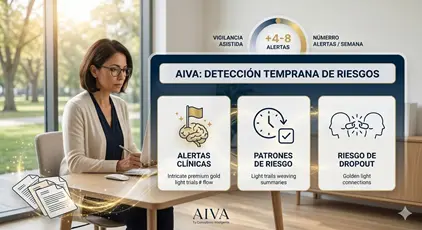 Psicólogo recibiendo alerta temprana de riesgo clínico con apoyo de inteligencia artificial – detección ética y segura en terapia 2026