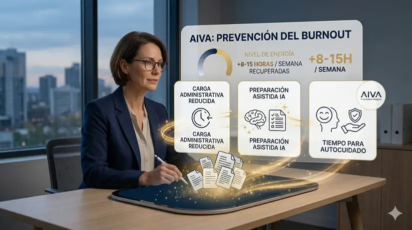 Psicóloga clínica aplicando automatizaciones e IA para prevenir burnout y recuperar energía en consulta privada – autocuidado profesional 2026