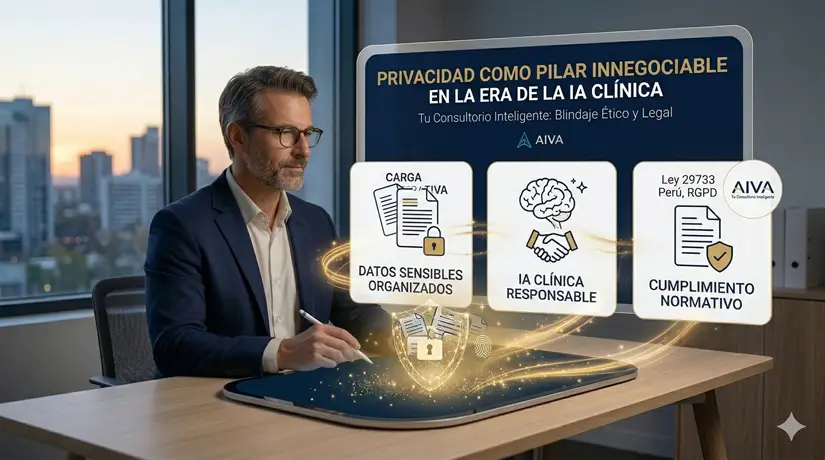 Psicólogo asegurando protección de datos sensibles y privacidad al integrar inteligencia artificial en consulta clínica – cumplimiento Ley 29733 Perú 2026
